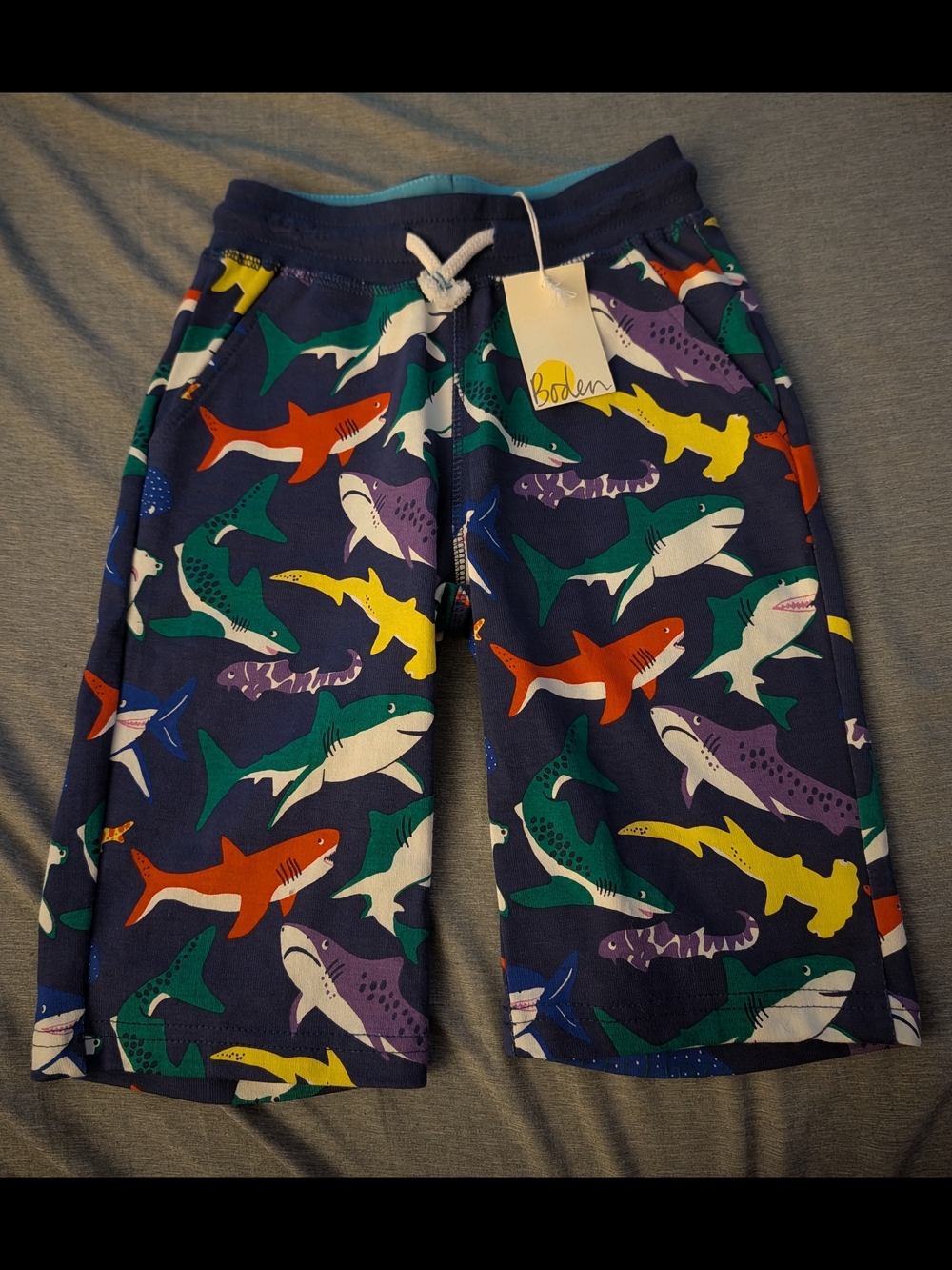 NWT Mini Boden Navy Multi Shark-Print Kids Shorts